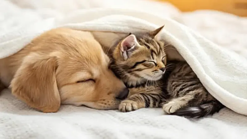 Chó Golden Retriever con và mèo tabby con nằm cạnh nhau